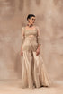 Beige gold silk bustier set with flare tissue flare panel pants and organza jacket